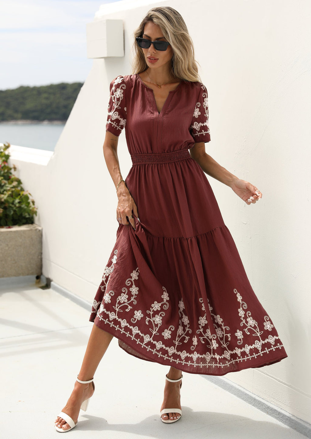 PRETTYGARDEN Women's Summer Boho Maxi Dress Spring Floral Short Sleeve V Neck A Line Flowy Beach Wedding Guest Dresses
