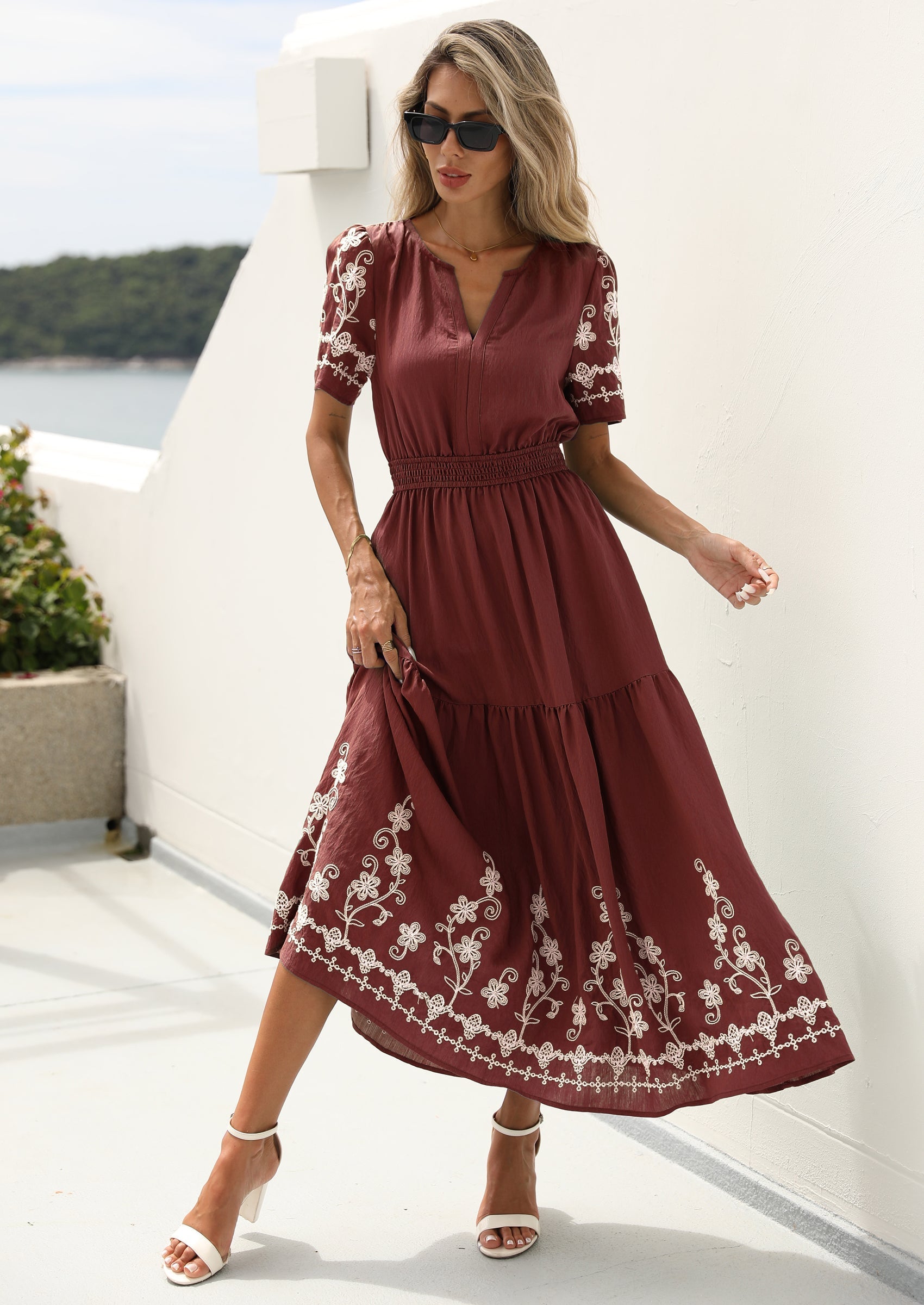 PRETTYGARDEN Women's Summer Boho Maxi Dress Spring Floral Short Sleeve V Neck A Line Flowy Beach Wedding Guest Dresses