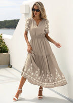PRETTYGARDEN Women's Summer Boho Maxi Dress Spring Floral Short Sleeve V Neck A Line Flowy Beach Wedding Guest Dresses