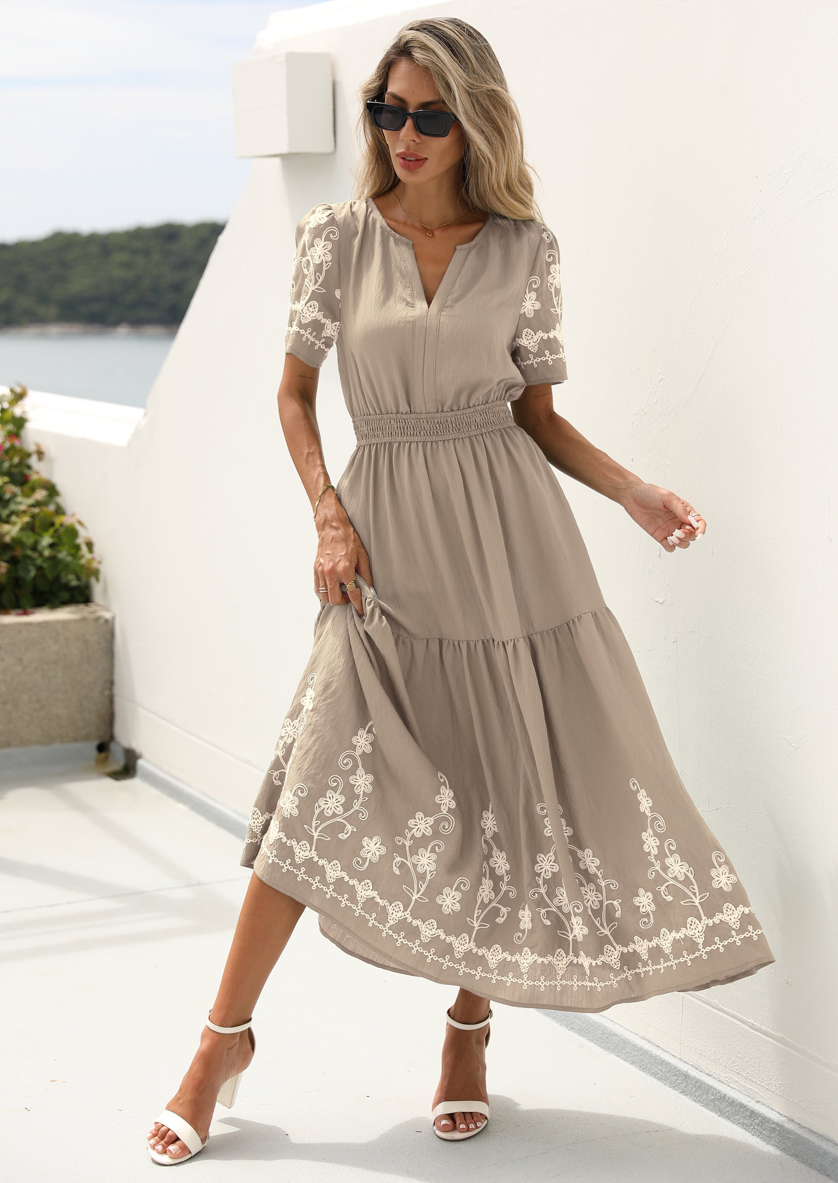 PRETTYGARDEN Women's Summer Boho Maxi Dress Spring Floral Short Sleeve V Neck A Line Flowy Beach Wedding Guest Dresses