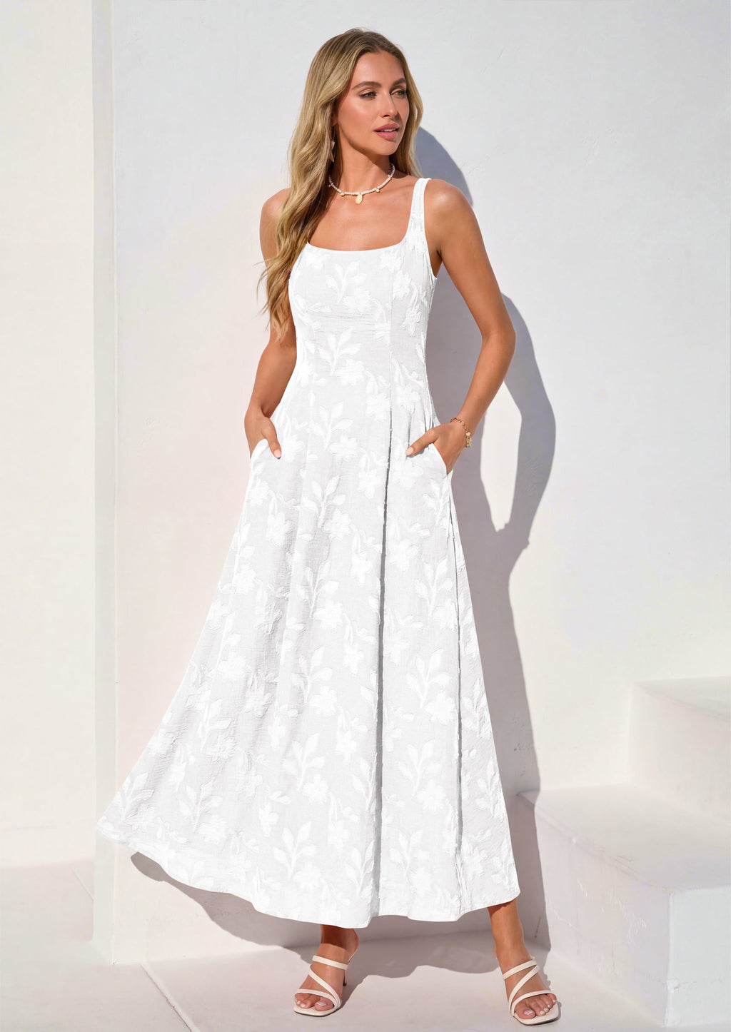 PRETTYGARDEN Womens Summer Maxi Dresses Casual Sleeveless Square Neck Jacquard Flowy Wedding Guest Beach Boho Long Dress