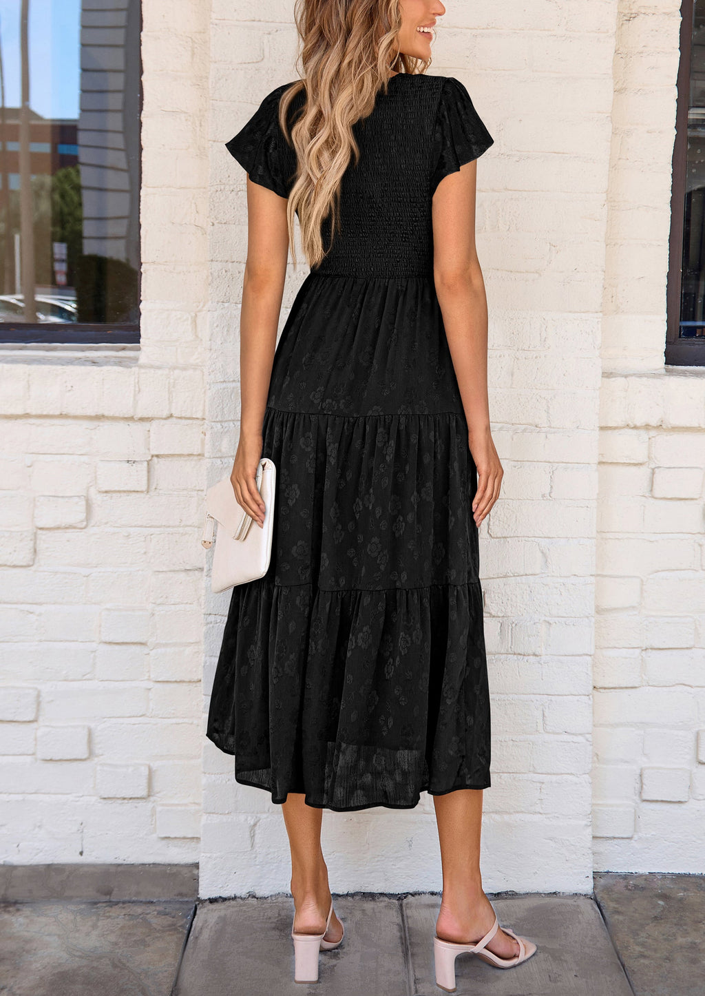 PRETTYGARDEN Midi Dress for Women Summer Floral Cap Sleeve Smocked Ruffle A Line Long Flowy Wedding Guest Dresses