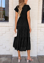 PRETTYGARDEN Midi Dress for Women Summer Floral Cap Sleeve Smocked Ruffle A Line Long Flowy Wedding Guest Dresses