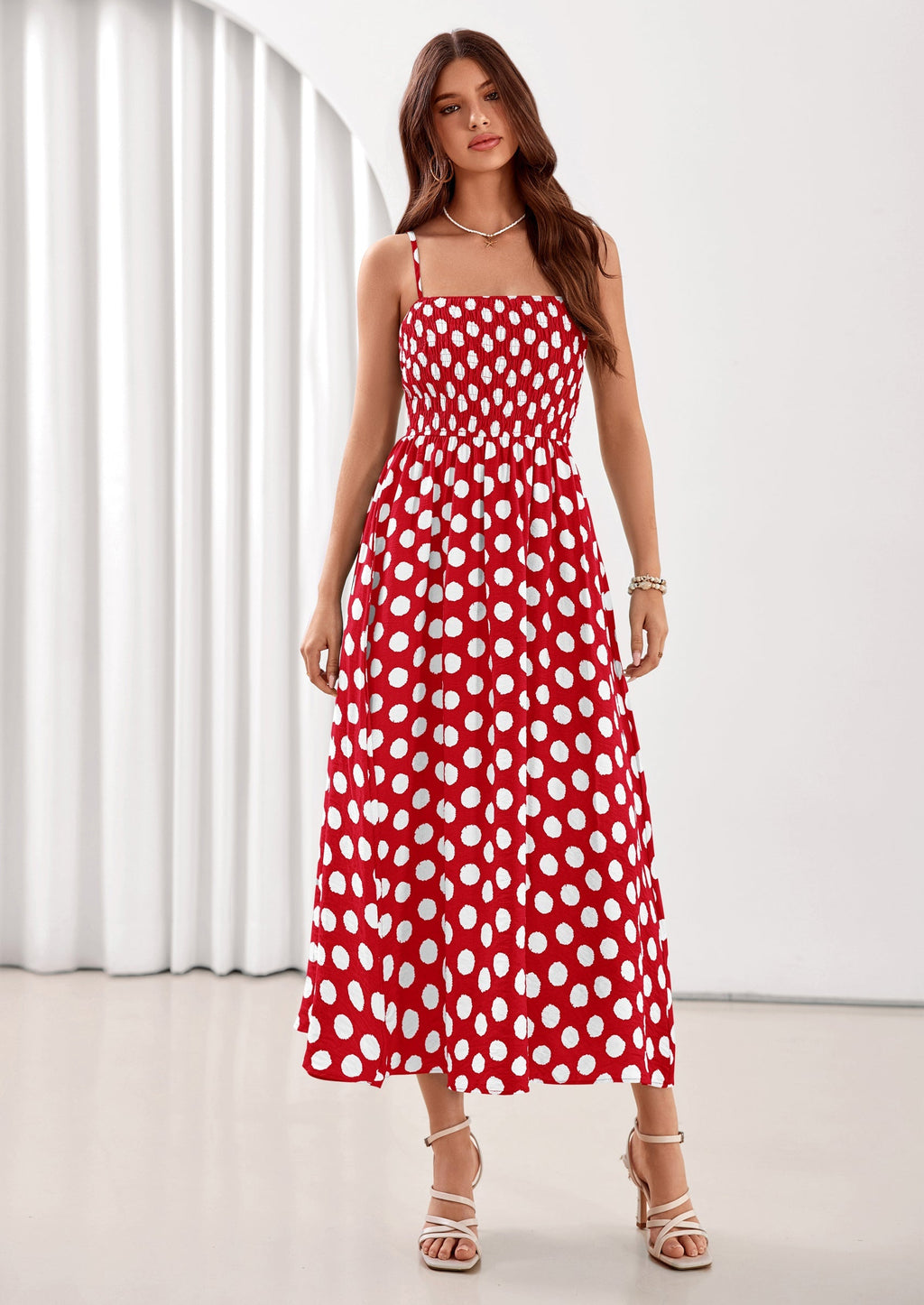 PRETTYGARDEN Womens Summer Dresses Spring Sleeveless Spaghetti Straps Casual Midi Dress Polka Dot Smocked Beach Sundress