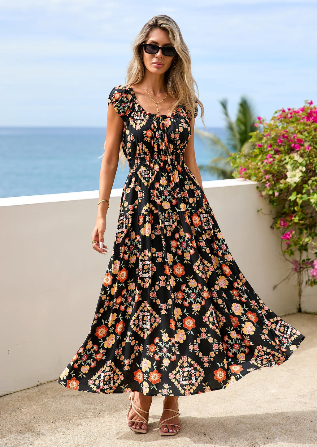PRETTYGARDEN Women's Boho Maxi Dress Summer Cap Sleeve Long Flowy Beach Vacation Floral Sundresses Spring Resort Wear