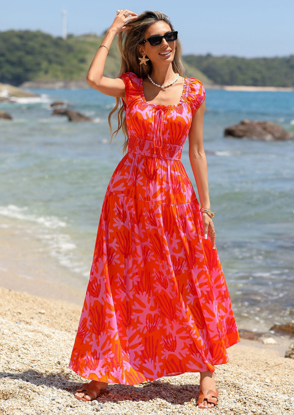 PRETTYGARDEN Women's Boho Maxi Dress Summer Cap Sleeve Long Flowy Beach Vacation Floral Sundresses Spring Resort Wear
