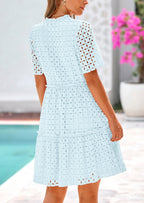 PRETTYGARDEN Women's Short Sleeve Mini Dress Summer V Neck Hollow Out Eyelet Ruffle A Line Swing Short Dresses