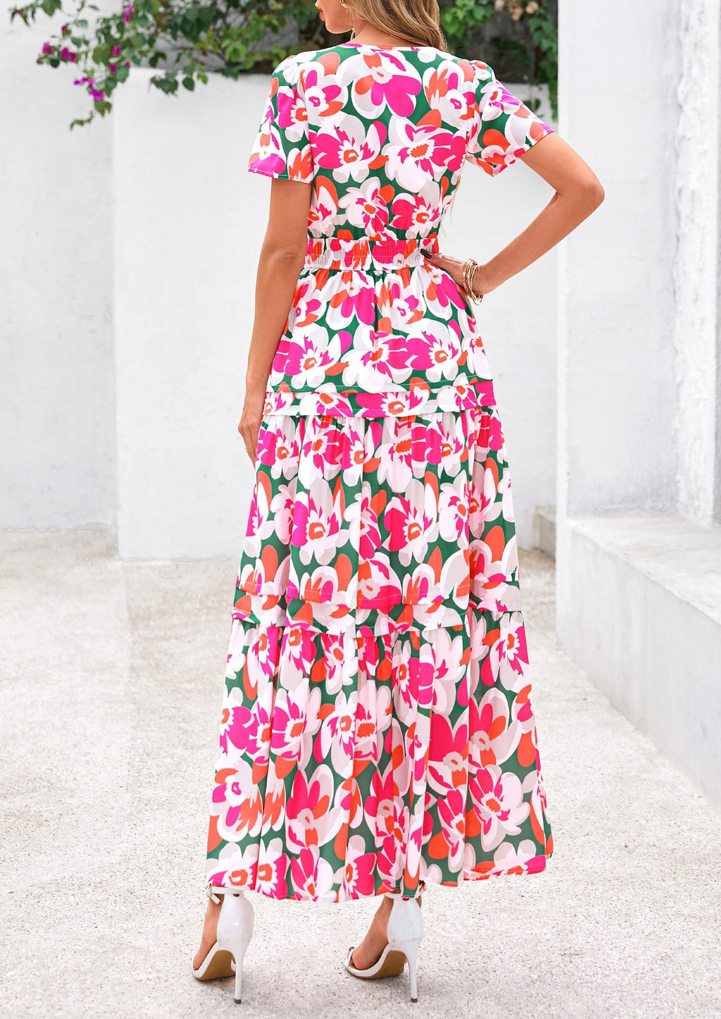 PRETTYGARDEN Women's Boho Maxi Dresses Floral Short Sleeve V Neck A Line Tiered Flowy Long Beach Vacation Dress