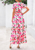 PRETTYGARDEN Women's Boho Maxi Dresses Floral Short Sleeve V Neck A Line Tiered Flowy Long Beach Vacation Dress