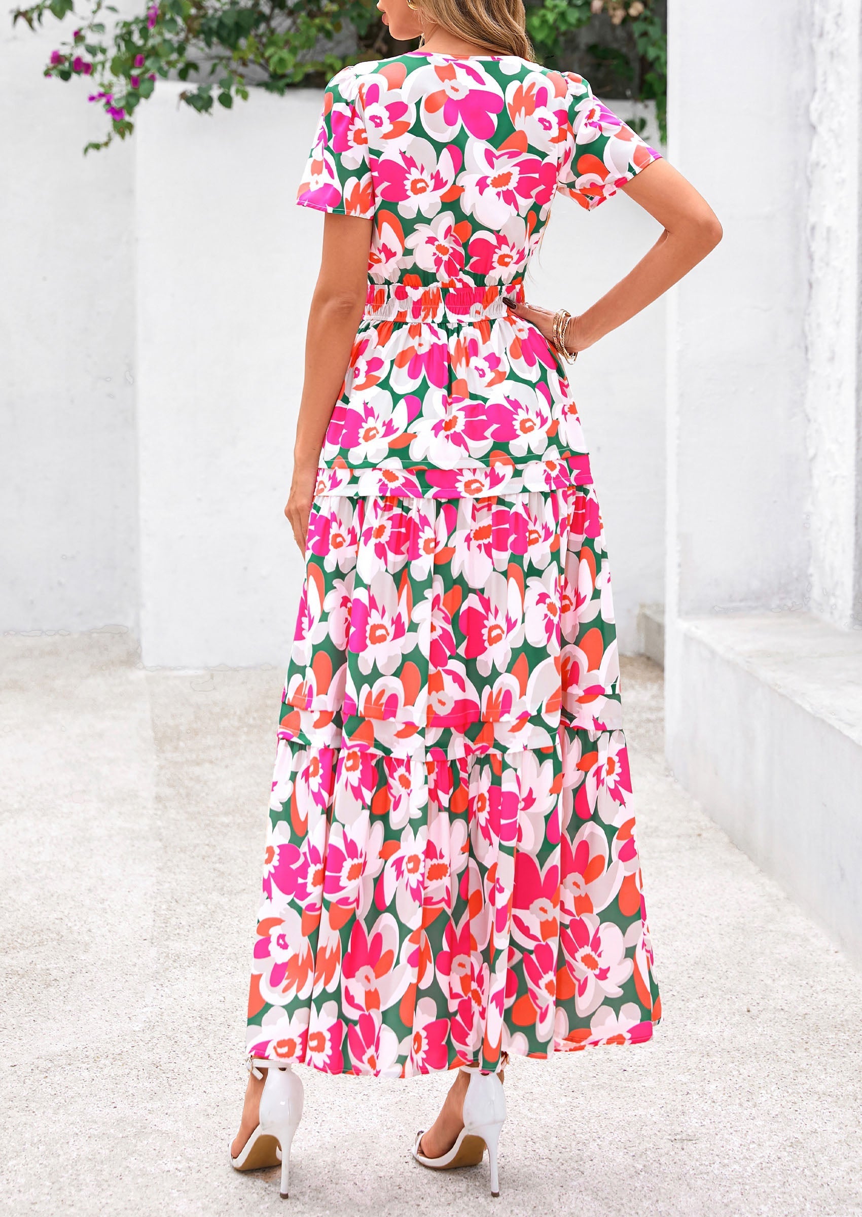 PRETTYGARDEN Women's Boho Maxi Dresses Floral Short Sleeve V Neck A Line Tiered Flowy Long Beach Vacation Dress