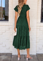 PRETTYGARDEN Midi Dress for Women Summer Floral Cap Sleeve Smocked Ruffle A Line Long Flowy Wedding Guest Dresses