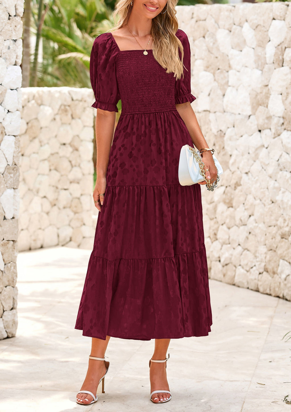 PRETTYGARDEN Women's Casual Midi Dresses Square Neck Short Sleeve Smocked A Line Floral Flowy Elegant Boho Dress