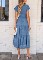 PRETTYGARDEN Midi Dress for Women Summer Floral Cap Sleeve Smocked Ruffle A Line Long Flowy Wedding Guest Dresses
