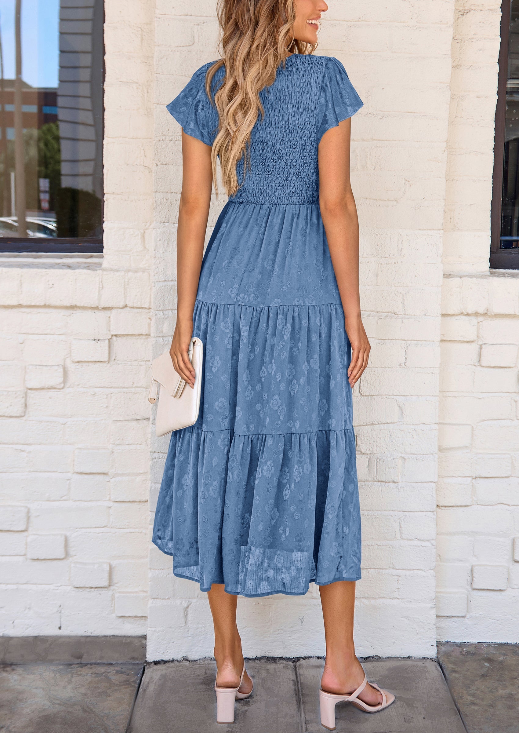 PRETTYGARDEN Midi Dress for Women Summer Floral Cap Sleeve Smocked Ruffle A Line Long Flowy Wedding Guest Dresses