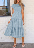 PRETTYGARDEN Midi Dress for Women Summer Floral Cap Sleeve Smocked Ruffle A Line Long Flowy Wedding Guest Dresses