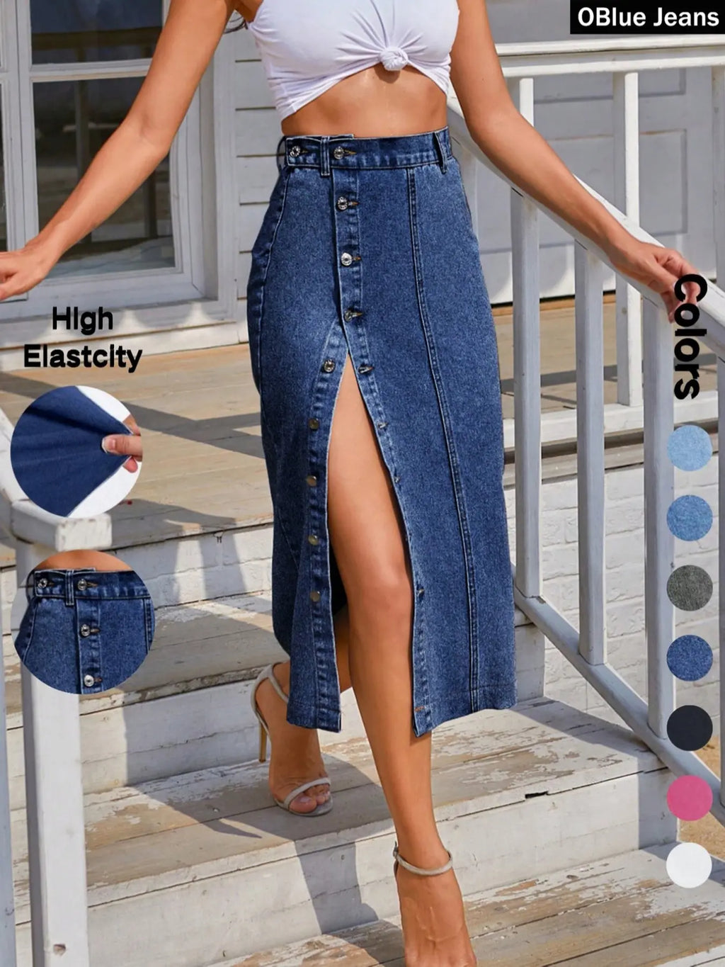 OBlue Jeans Women's  Button Front Light Wash Denim Skirt, Casual Fashion Fitted Skirt for Daily Wear, Ladies Bottoms for All Seasons, T-Chic