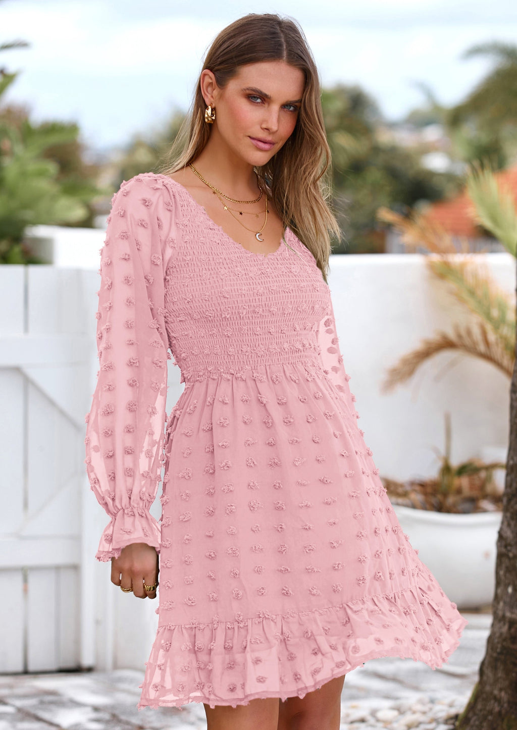 BTFBM Spring Dresses for Women 2026 Long Sleeve Casual V Neck Swiss Dot Smocked Ruffle Chiffon Flowy Mini Summer Dress