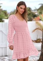 BTFBM Spring Dresses for Women 2026 Long Sleeve Casual V Neck Swiss Dot Smocked Ruffle Chiffon Flowy Mini Summer Dress
