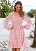 BTFBM Spring Dresses for Women 2026 Long Sleeve Casual V Neck Swiss Dot Smocked Ruffle Chiffon Flowy Mini Summer Dress