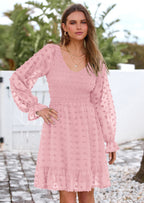 BTFBM Spring Dresses for Women 2026 Long Sleeve Casual V Neck Swiss Dot Smocked Ruffle Chiffon Flowy Mini Summer Dress