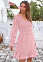 BTFBM Spring Dresses for Women 2026 Long Sleeve Casual V Neck Swiss Dot Smocked Ruffle Chiffon Flowy Mini Summer Dress