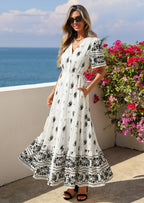 PRETTYGARDEN Womens Summer Boho Maxi Dress Trendy Short Sleeve V Neck Flowy Beach Floral Dresses with Pockets