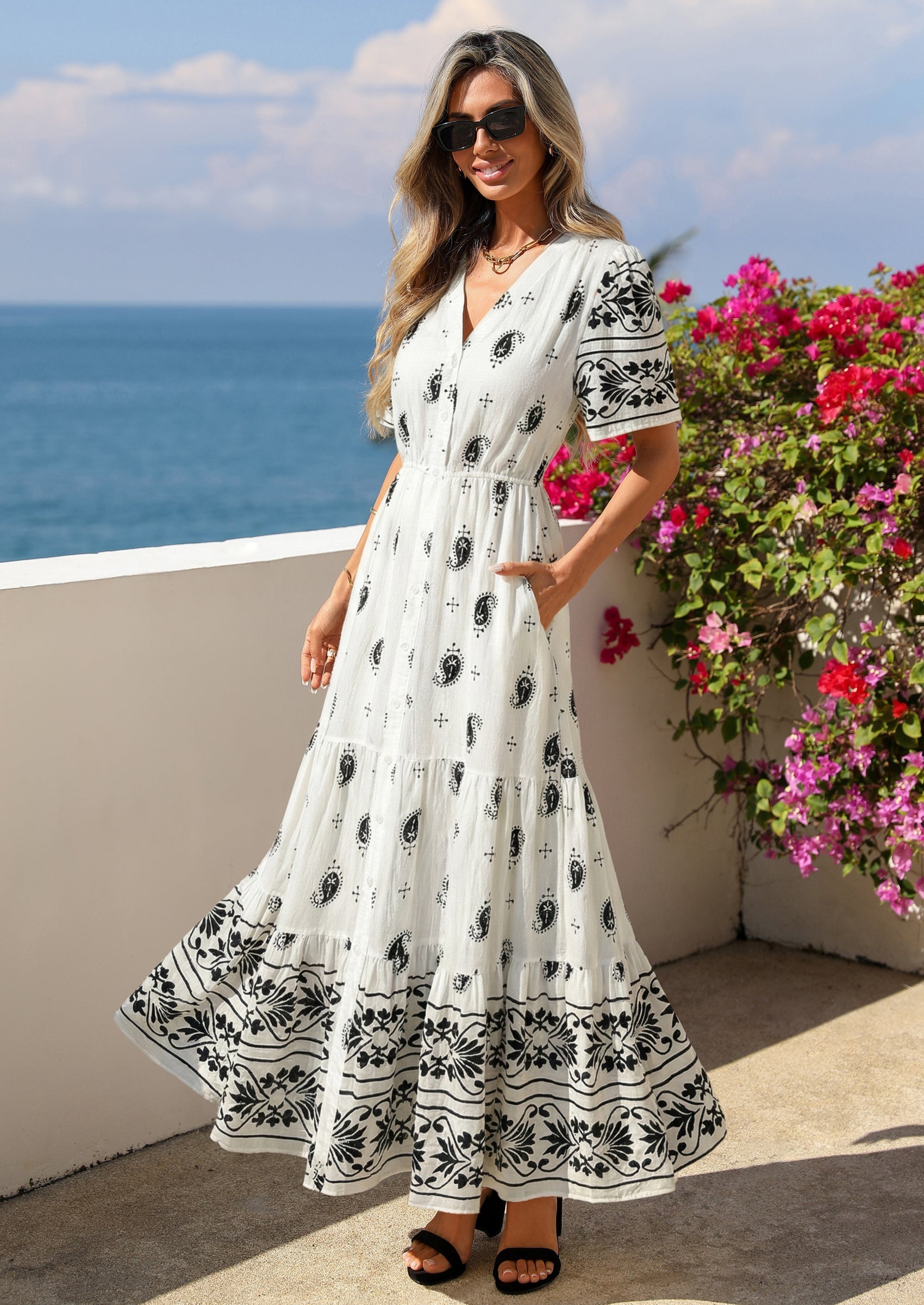 PRETTYGARDEN Womens Summer Boho Maxi Dress Trendy Short Sleeve V Neck Flowy Beach Floral Dresses with Pockets