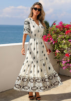 PRETTYGARDEN Womens Summer Boho Maxi Dress Trendy Short Sleeve V Neck Flowy Beach Floral Dresses with Pockets
