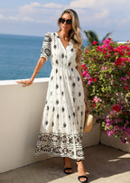 PRETTYGARDEN Womens Summer Boho Maxi Dress Trendy Short Sleeve V Neck Flowy Beach Floral Dresses with Pockets