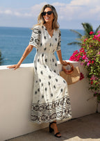 PRETTYGARDEN Womens Summer Boho Maxi Dress Trendy Short Sleeve V Neck Flowy Beach Floral Dresses with Pockets