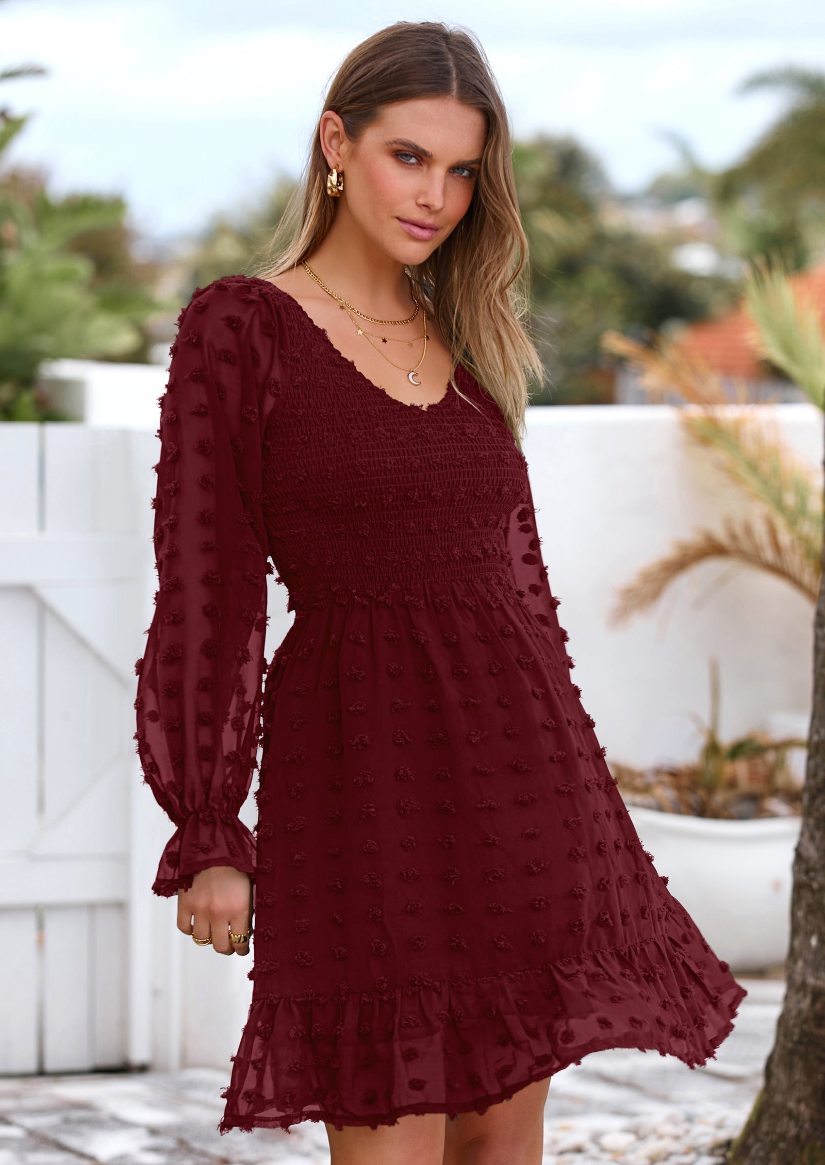 BTFBM Spring Dresses for Women 2026 Long Sleeve Casual V Neck Swiss Dot Smocked Ruffle Chiffon Flowy Mini Summer Dress