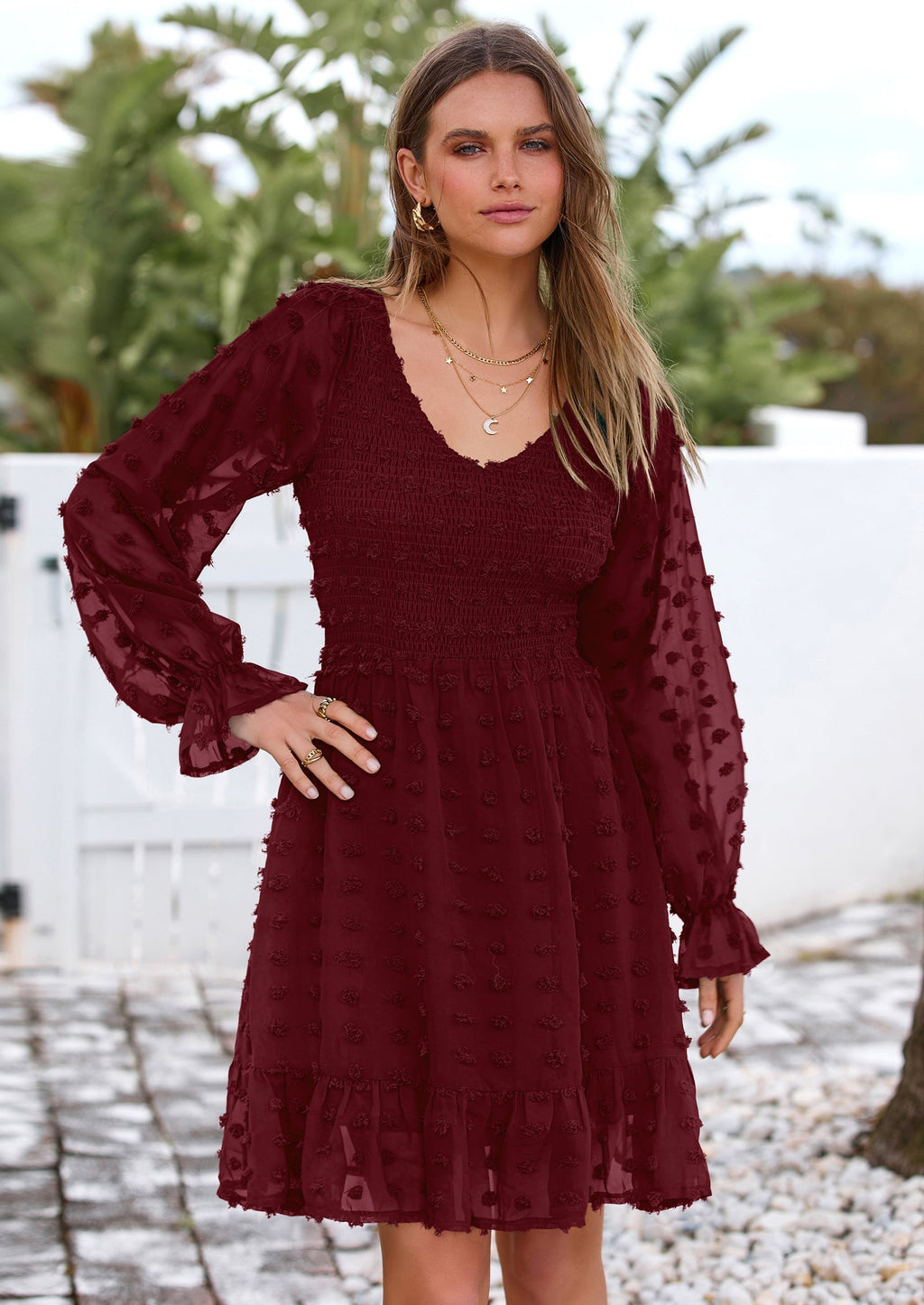 BTFBM Spring Dresses for Women 2026 Long Sleeve Casual V Neck Swiss Dot Smocked Ruffle Chiffon Flowy Mini Summer Dress