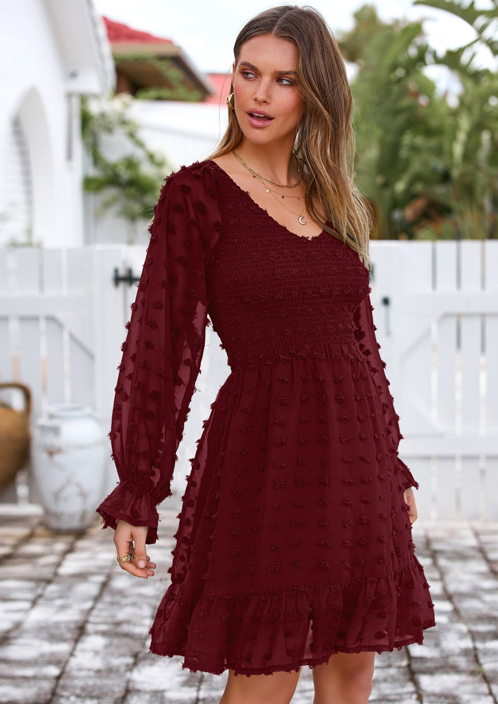 BTFBM Spring Dresses for Women 2026 Long Sleeve Casual V Neck Swiss Dot Smocked Ruffle Chiffon Flowy Mini Summer Dress