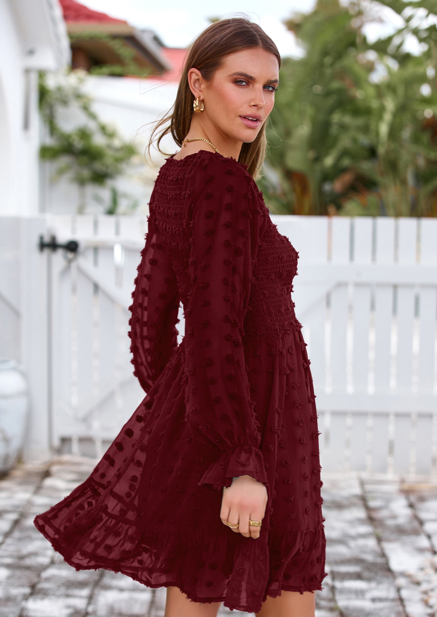BTFBM Spring Dresses for Women 2026 Long Sleeve Casual V Neck Swiss Dot Smocked Ruffle Chiffon Flowy Mini Summer Dress