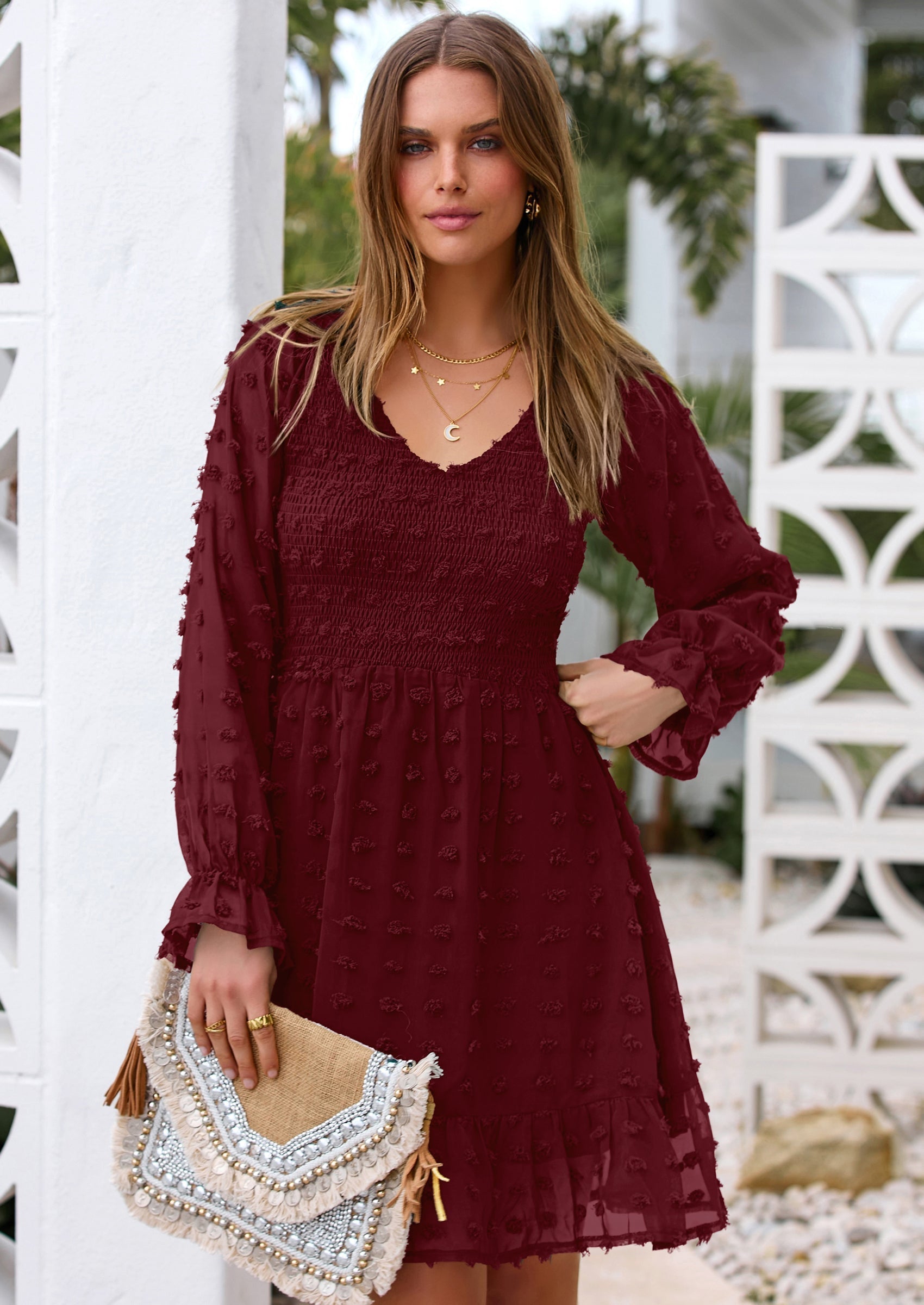 BTFBM Spring Dresses for Women 2026 Long Sleeve Casual V Neck Swiss Dot Smocked Ruffle Chiffon Flowy Mini Summer Dress