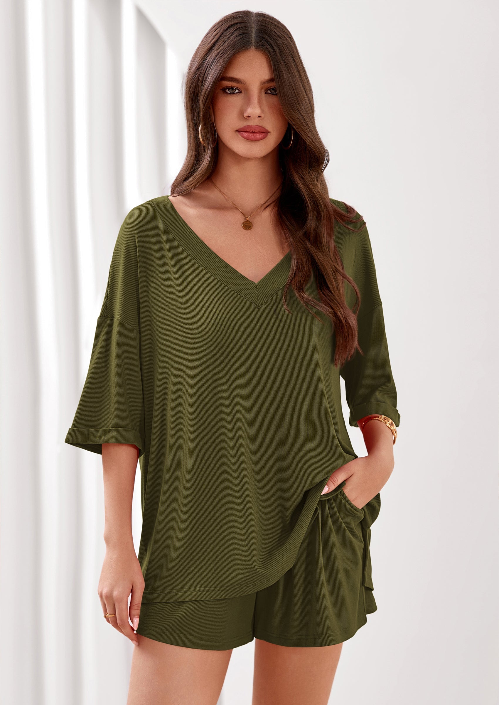 PRETTYGARDEN Womens 2 Piece Sets Oversized Vneck Half Sleeve Tops Shorts Lounge Set Casual Summer Travel Beach Outfits