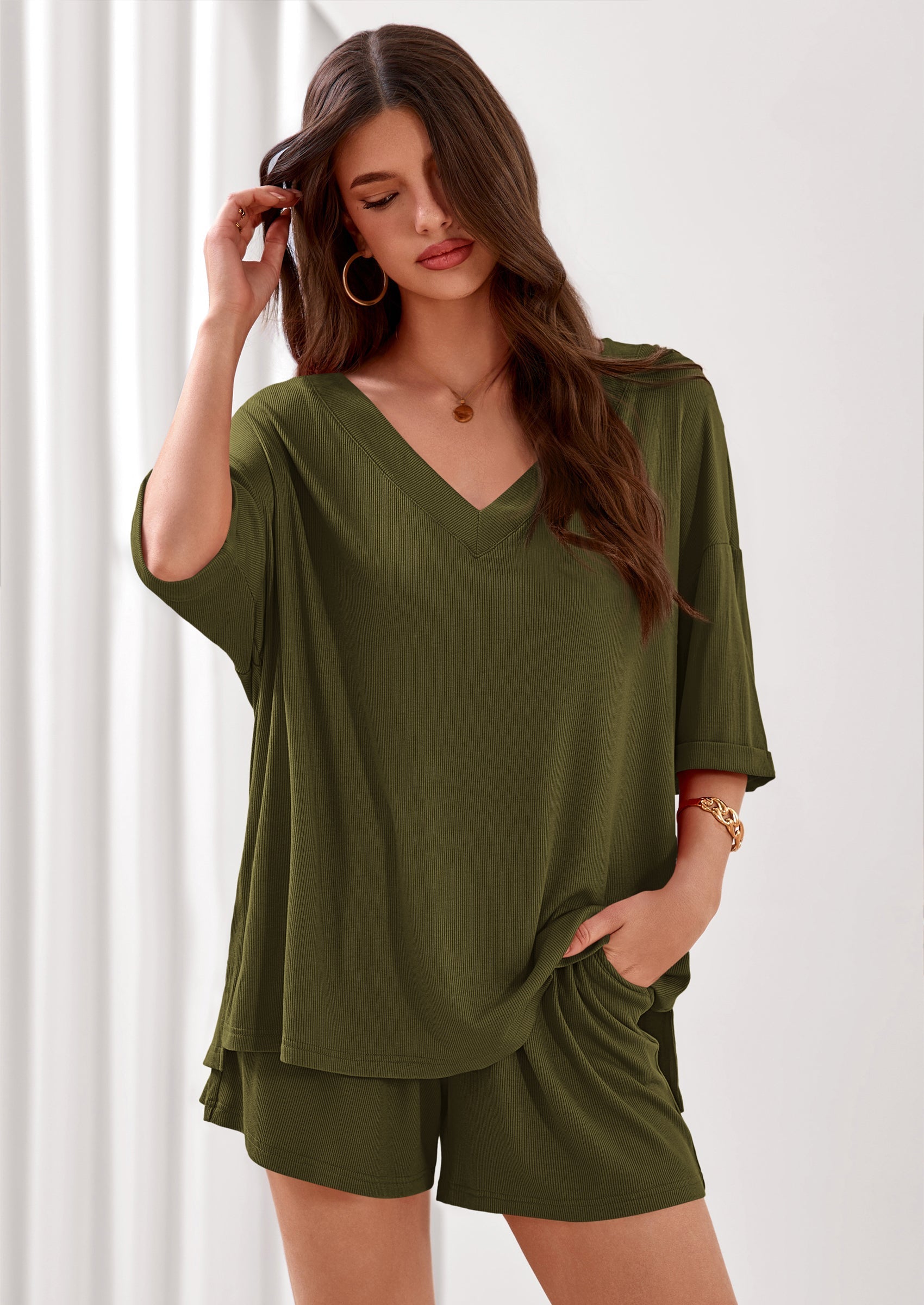 PRETTYGARDEN Womens 2 Piece Sets Oversized Vneck Half Sleeve Tops Shorts Lounge Set Casual Summer Travel Beach Outfits