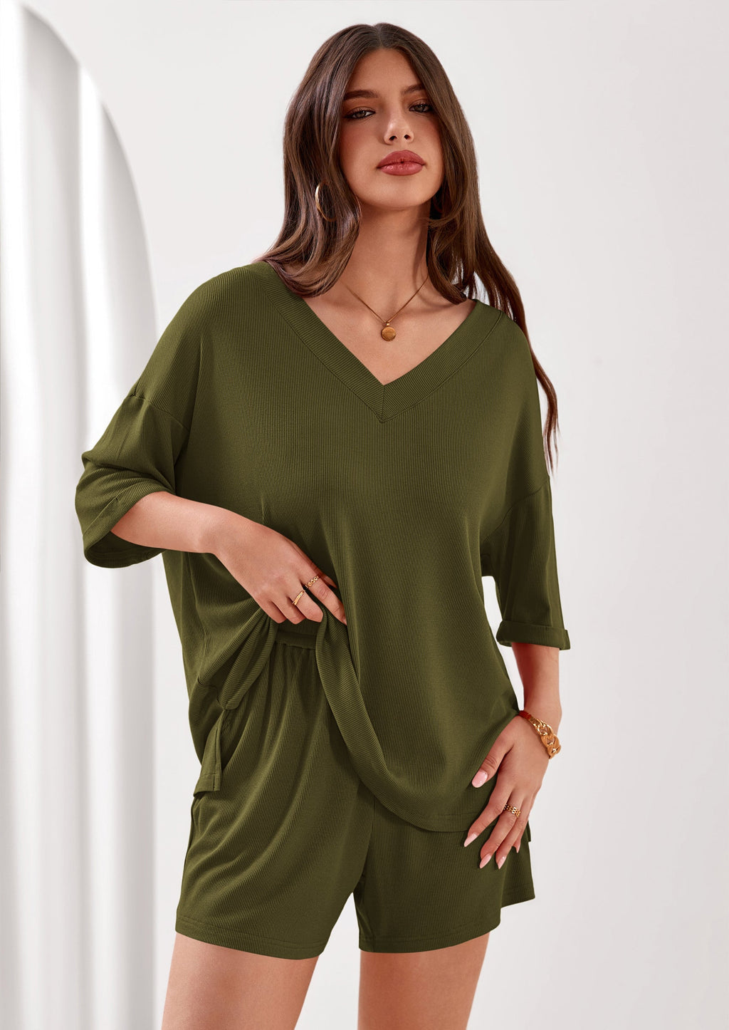 PRETTYGARDEN Womens 2 Piece Sets Oversized Vneck Half Sleeve Tops Shorts Lounge Set Casual Summer Travel Beach Outfits