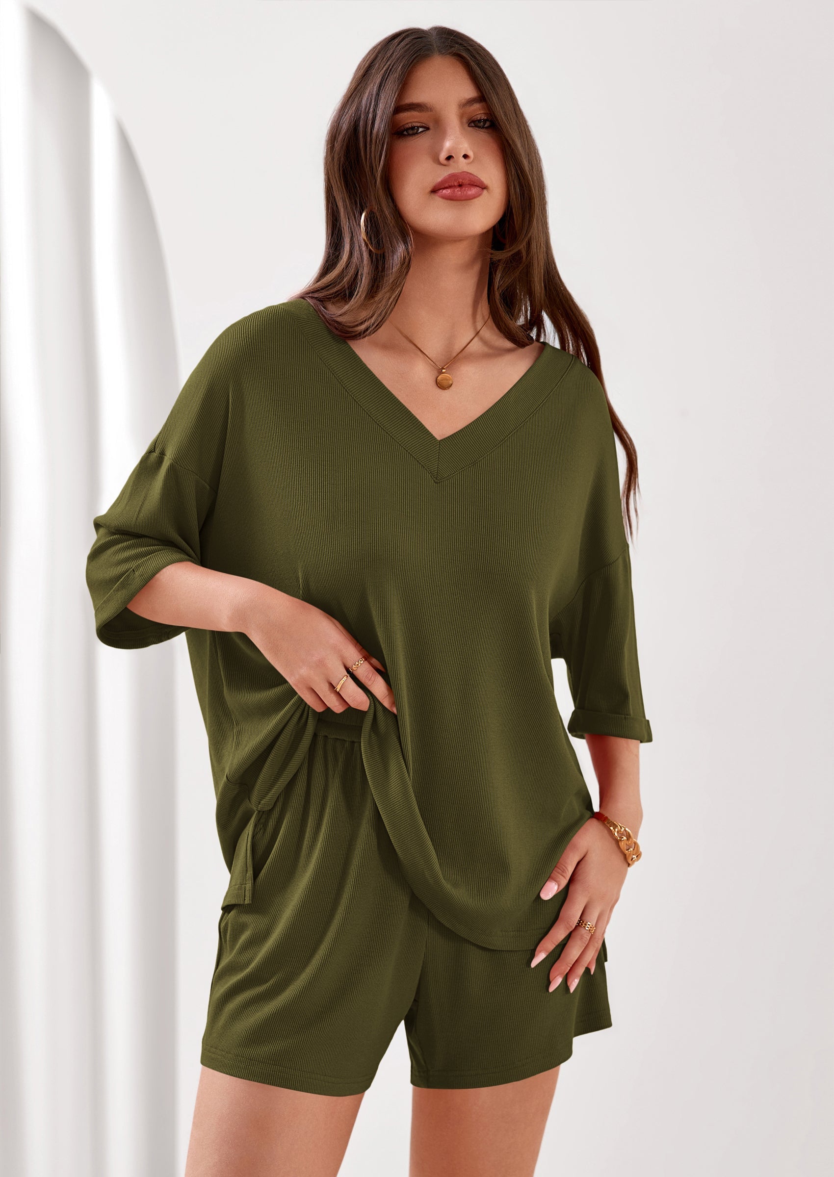 PRETTYGARDEN Womens 2 Piece Sets Oversized Vneck Half Sleeve Tops Shorts Lounge Set Casual Summer Travel Beach Outfits