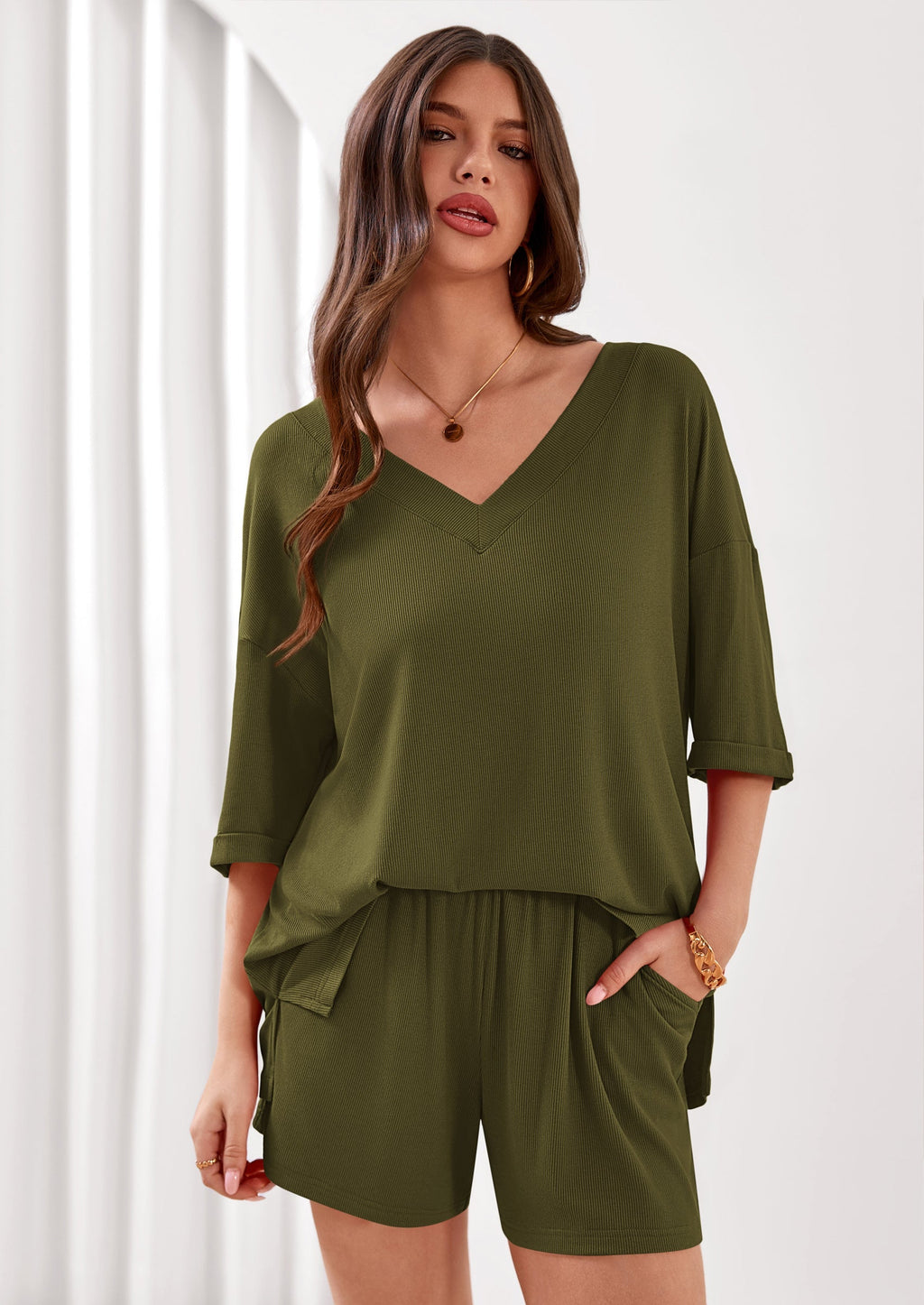 PRETTYGARDEN Womens 2 Piece Sets Oversized Vneck Half Sleeve Tops Shorts Lounge Set Casual Summer Travel Beach Outfits