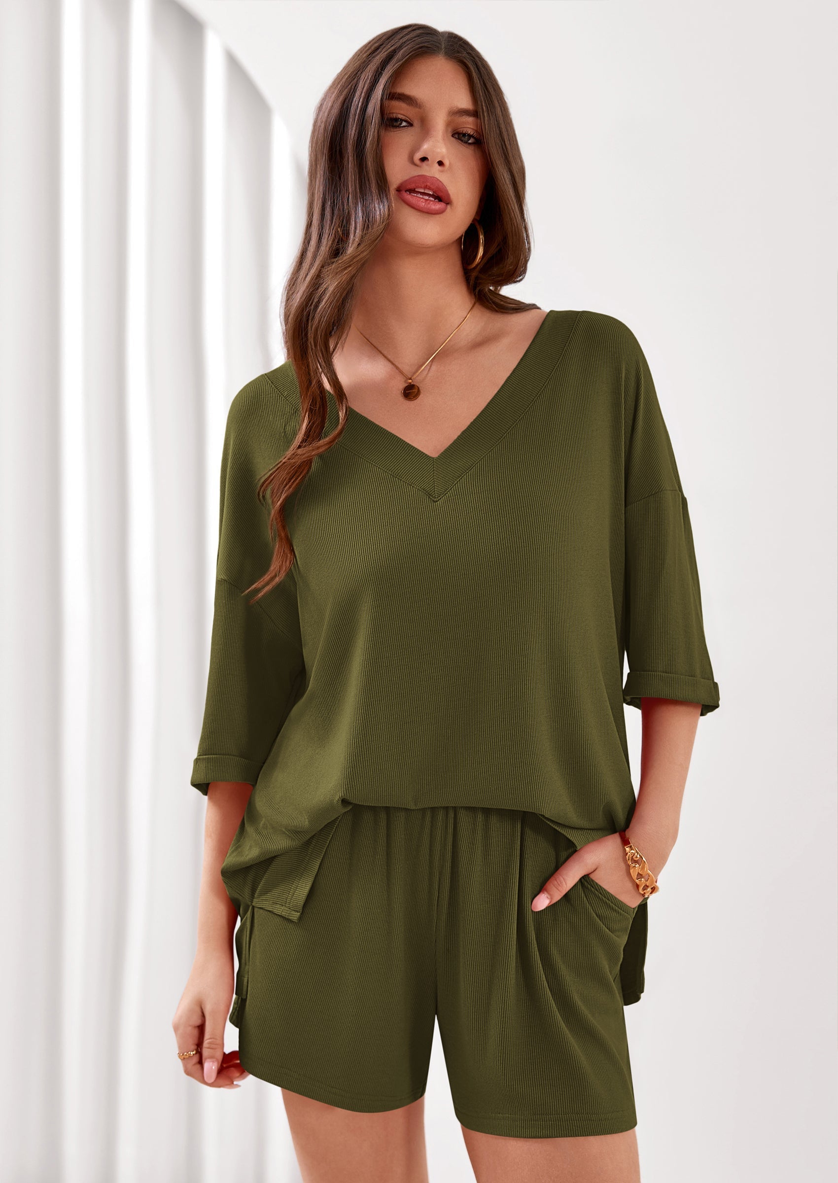 PRETTYGARDEN Womens 2 Piece Sets Oversized Vneck Half Sleeve Tops Shorts Lounge Set Casual Summer Travel Beach Outfits