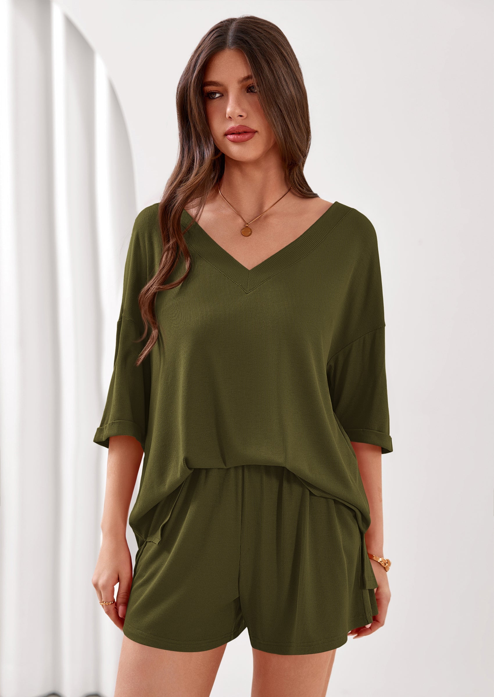 PRETTYGARDEN Womens 2 Piece Sets Oversized Vneck Half Sleeve Tops Shorts Lounge Set Casual Summer Travel Beach Outfits