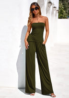PRETTYGARDEN Summer Sets Women 2 Piece Outfits Asymmetrical Tube Tops and Pants Beach Vacation Airport Matching Lounge Set