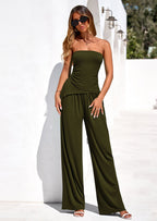 PRETTYGARDEN Summer Sets Women 2 Piece Outfits Asymmetrical Tube Tops and Pants Beach Vacation Airport Matching Lounge Set