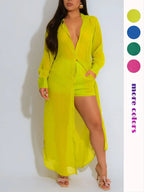 Women's Solid Color Button Front Shirt & Shorts Two-Piece Set