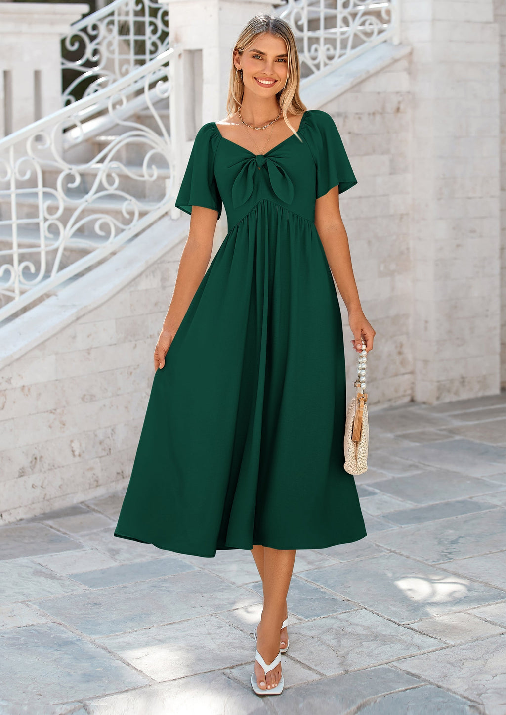 PRETTYGARDEN Summer Dress for Women Casual Short Sleeve Bow Tie V Neck Ruffle Midi Flowy Dresses