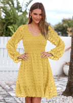 BTFBM Spring Dresses for Women 2026 Long Sleeve Casual V Neck Swiss Dot Smocked Ruffle Chiffon Flowy Mini Summer Dress