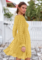 BTFBM Spring Dresses for Women 2026 Long Sleeve Casual V Neck Swiss Dot Smocked Ruffle Chiffon Flowy Mini Summer Dress