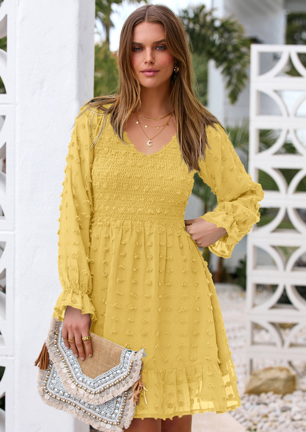 BTFBM Spring Dresses for Women 2026 Long Sleeve Casual V Neck Swiss Dot Smocked Ruffle Chiffon Flowy Mini Summer Dress