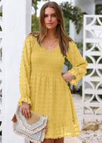 BTFBM Spring Dresses for Women 2026 Long Sleeve Casual V Neck Swiss Dot Smocked Ruffle Chiffon Flowy Mini Summer Dress
